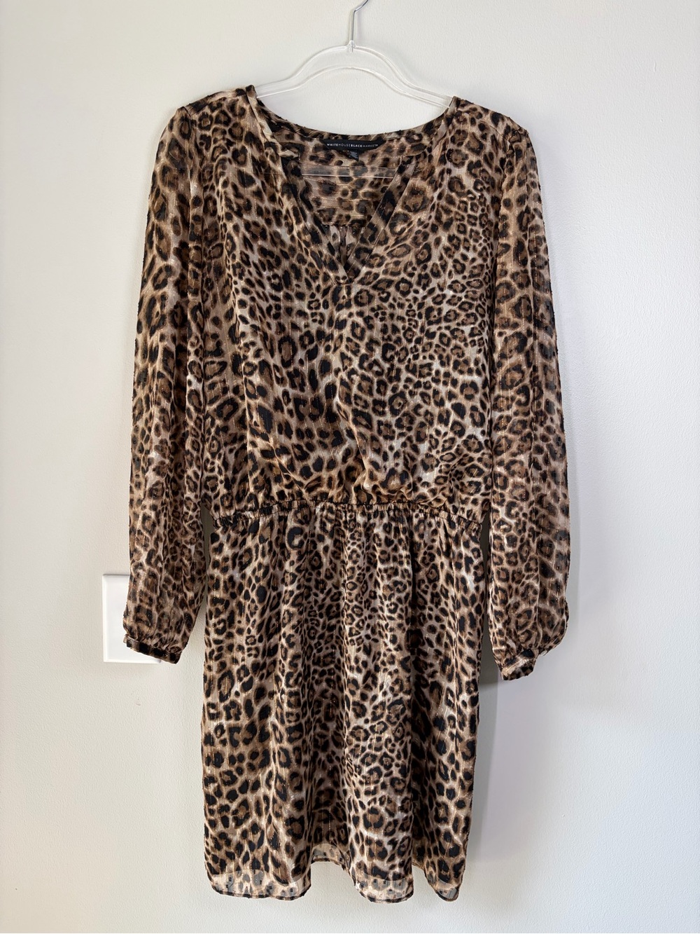 White House Black Market Metallic Leopard Animal Print Flowy Long Sleeve Dress